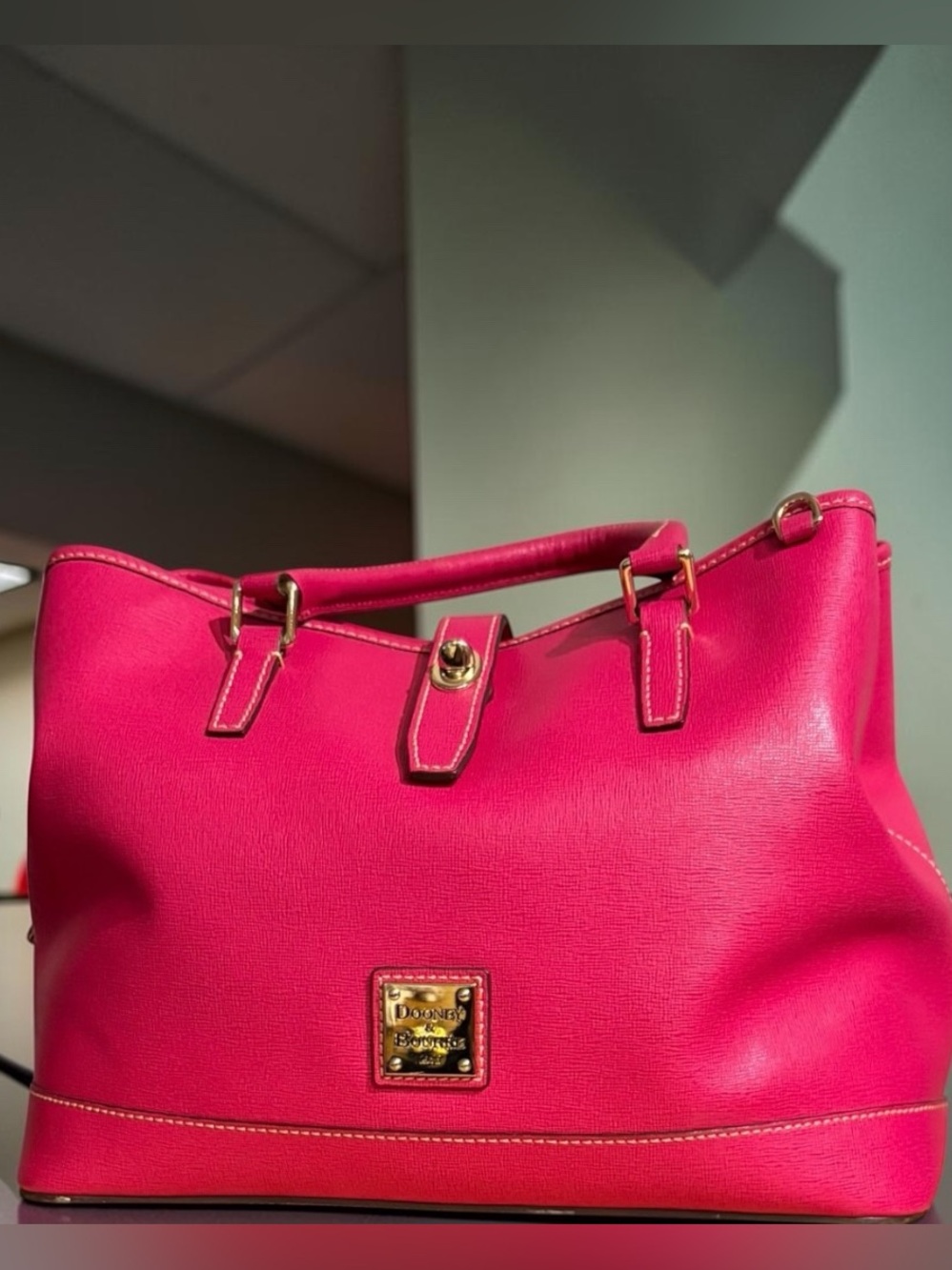 Dooney & Bourke Bright Pink Leather Tote with Gold Hardware